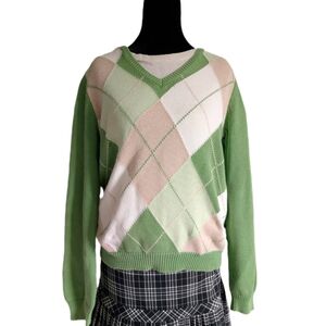 Vintage 90s Izod Sporty Academia Poetcore Green Argyle Knit Sweatshirt